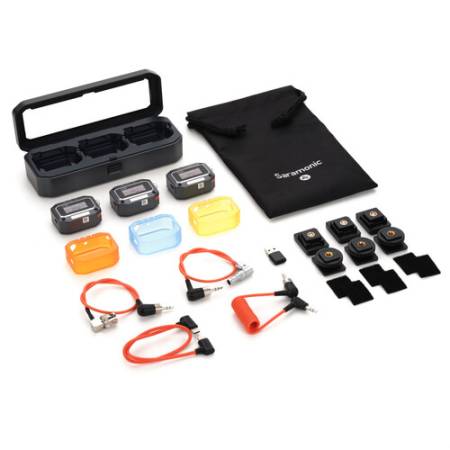Saramonic TC-NEO Kit - zestaw, 3x bezprzewodowy generator kodu czasowego + etui ładujące (Timecode Sync, Bluetooth, 2.4GHz) - zawartość